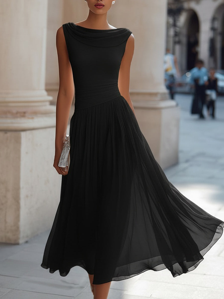 Anna-Berg | Draped Neck Sleeveless Pleated Dress