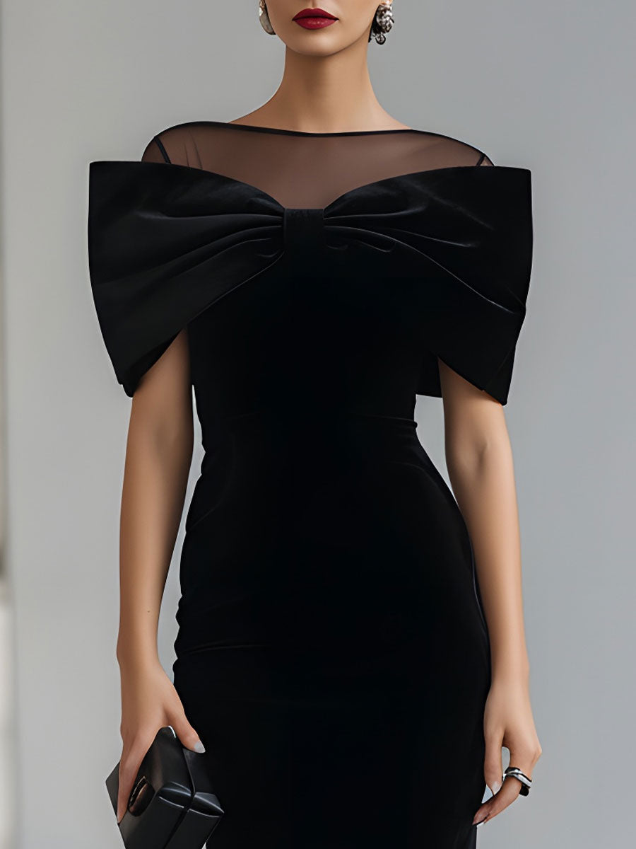 Anna-Berg | Dramatic Black Velvet Bow Midi Dress