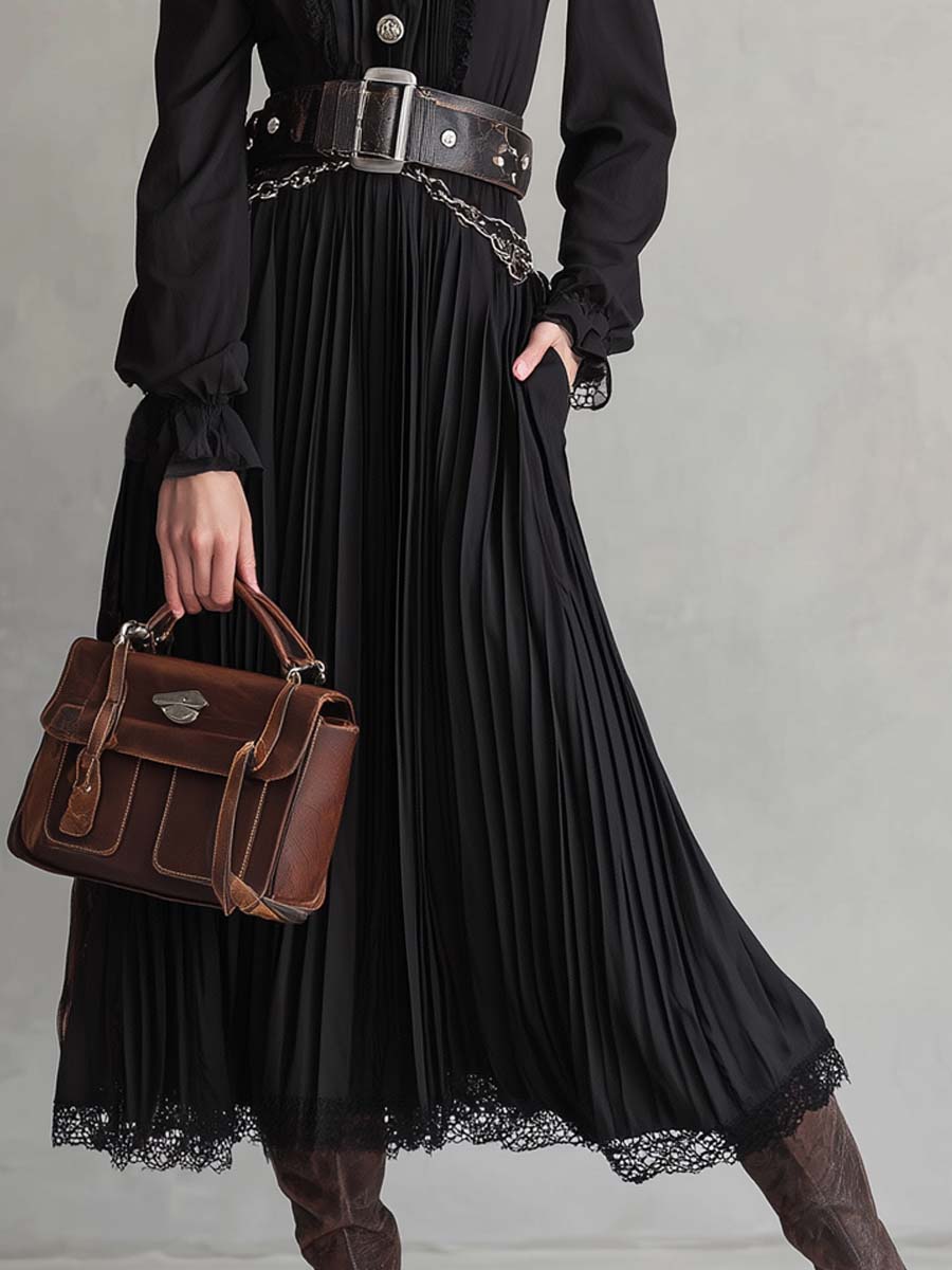 Anna-Berg | Vintage Button Lace Hem Pleated Dress