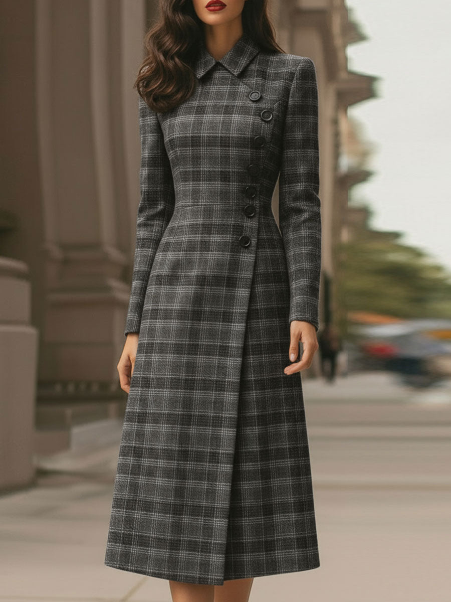 Anna-Berg | Elegant Plaid Asymmetric Button - Front Midi Dress