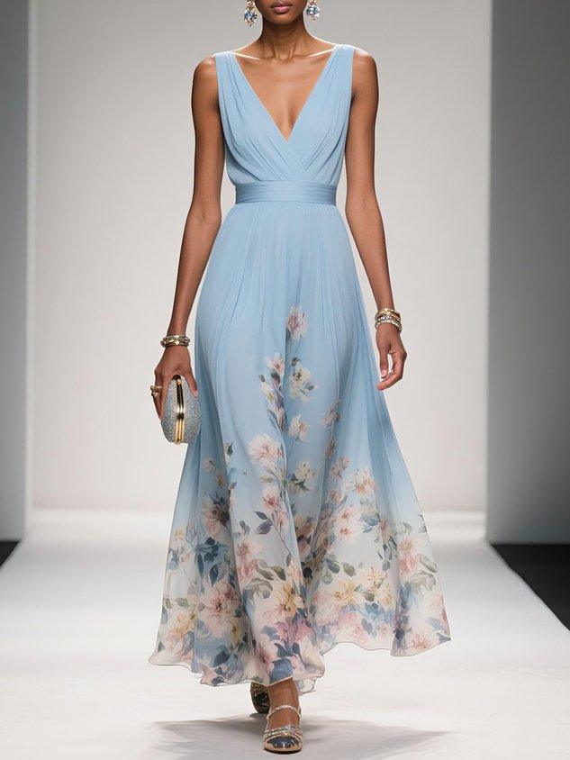 Anna-Berg | Feminine Light Blue Floral V-Neck Maxi Dress