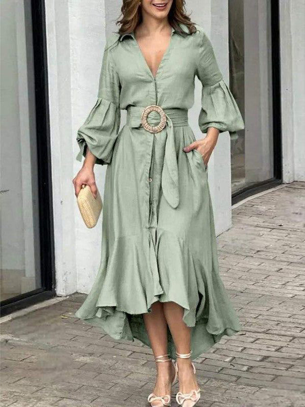 Anna-Berg | High-Low Puff Sleeves Pleated Solid Dress