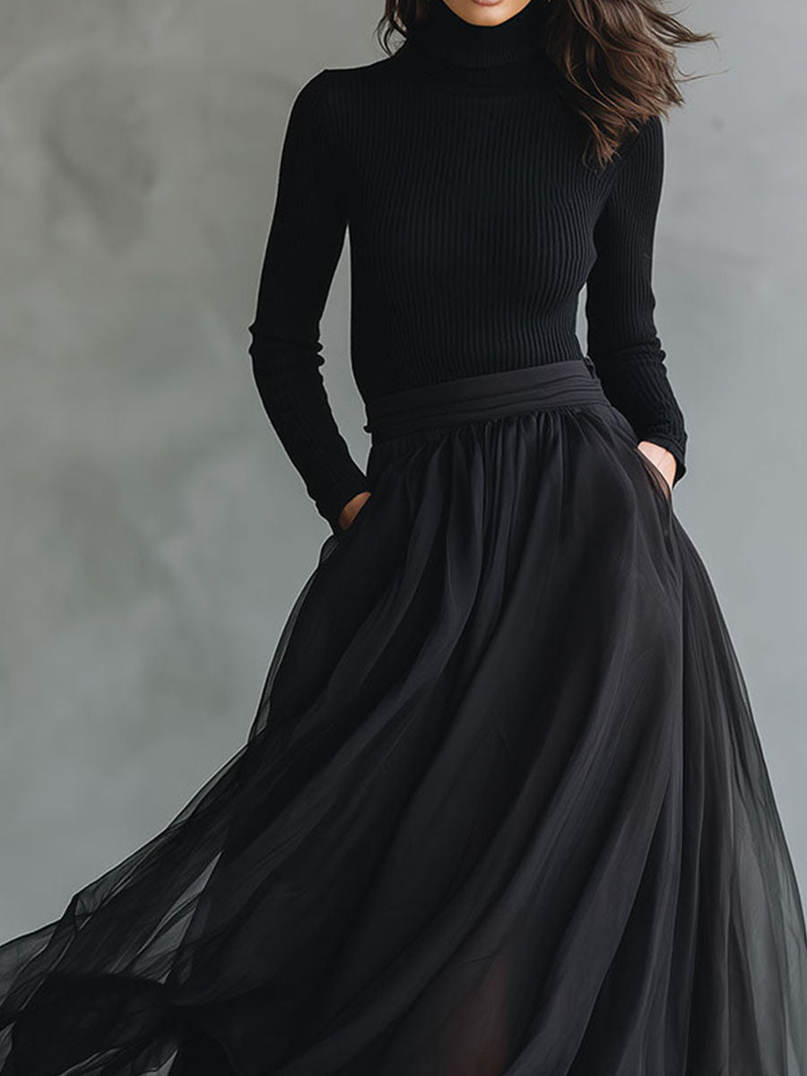Anna-Berg | Elegant Black Tulle Flowing Patchwork Dress