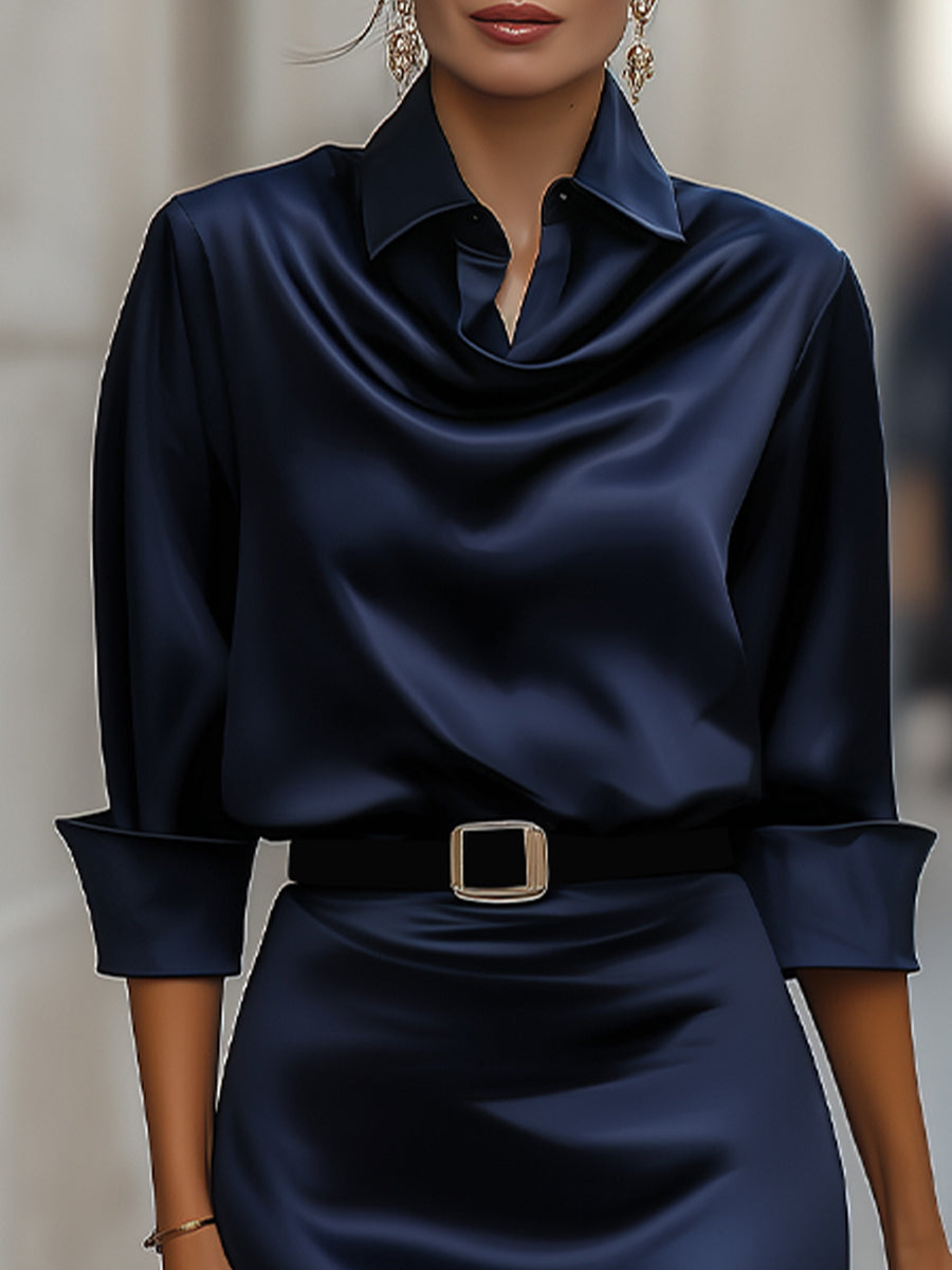 Anna-Berg | Elegant Satin Draped-Collar Midi Dress With Black Belt