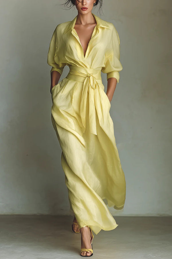 Anna-Berg | Solid Color Lapel Long Sleeve Dress