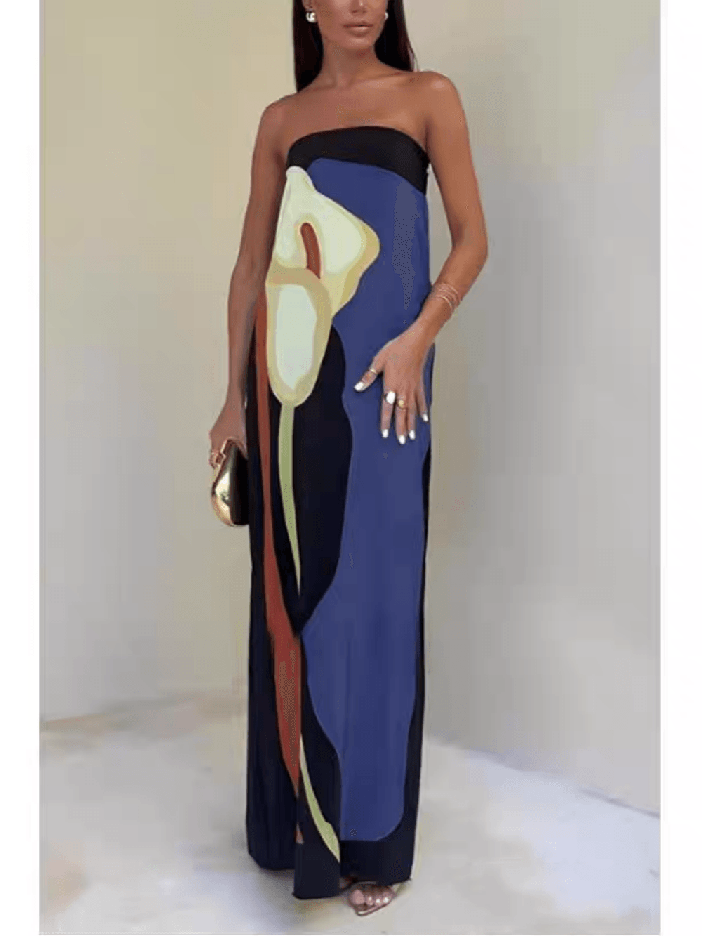 Anna-Berg | Chic Strapless Printed Maxi Party Dress with Graceful Drape