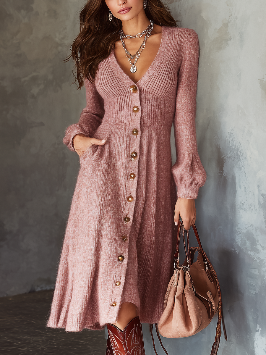 Anna-Berg | Retro V-Neck Button Pockets Mohair Dress