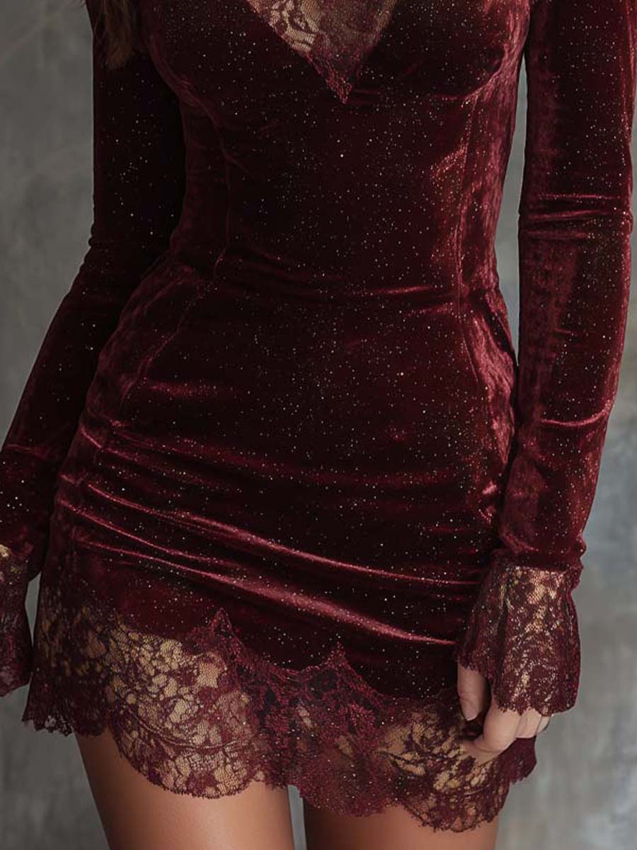 Anna-Berg | Sparkling Velvet Lace-Trim Dress