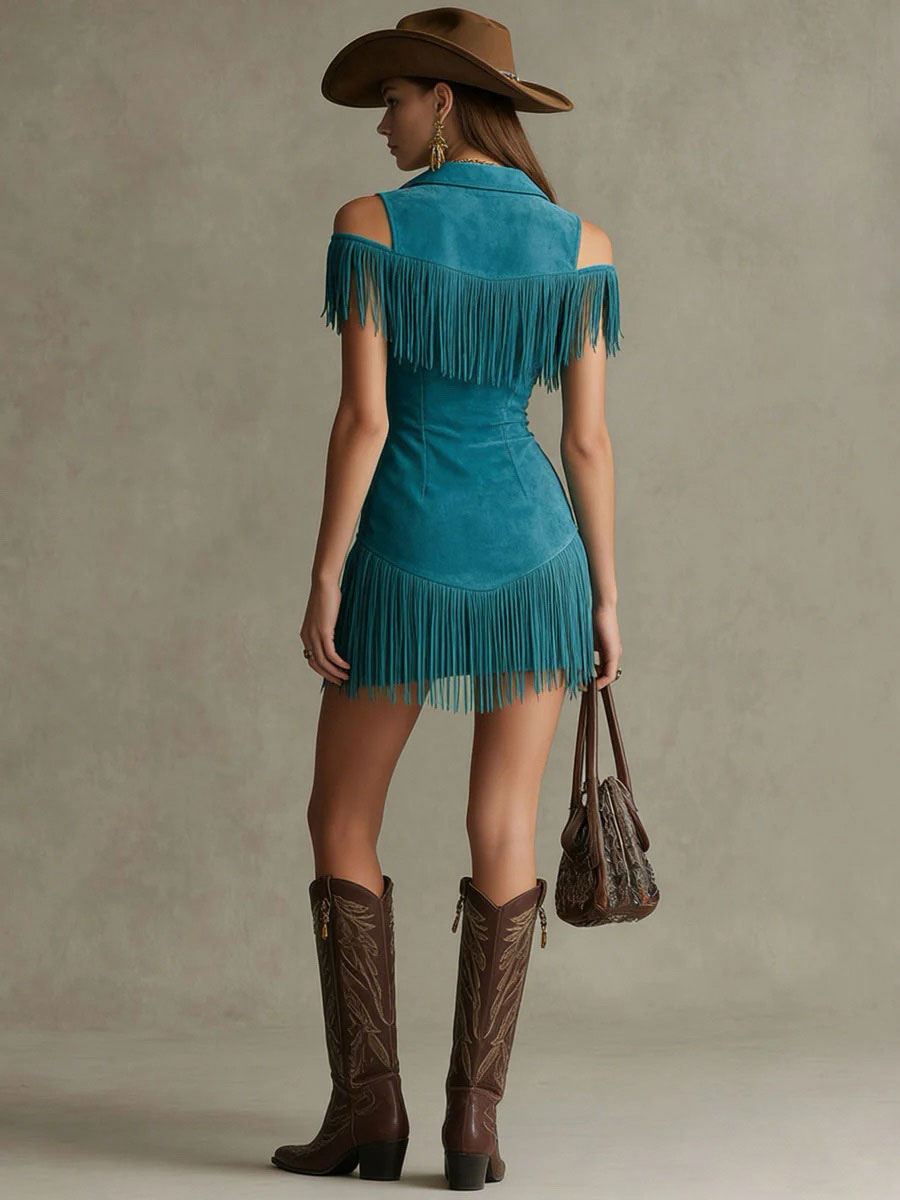 Anna-Berg | Peacock Blue Faux Suede Tassel Dress