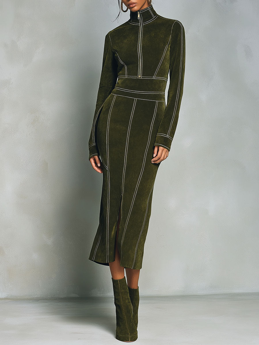 Anna-Berg | High Neck Zip-Up Olive Green Dress