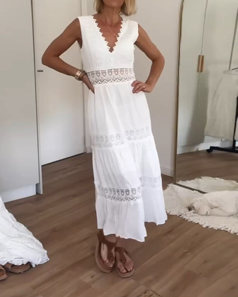 Anna-Berg | Boho Sleeveless V Neck Midi Dress