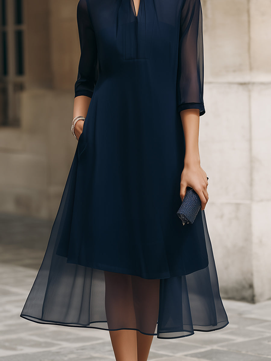Anna-Berg | Mandarin Collar Sheer Overlay Midi Dress