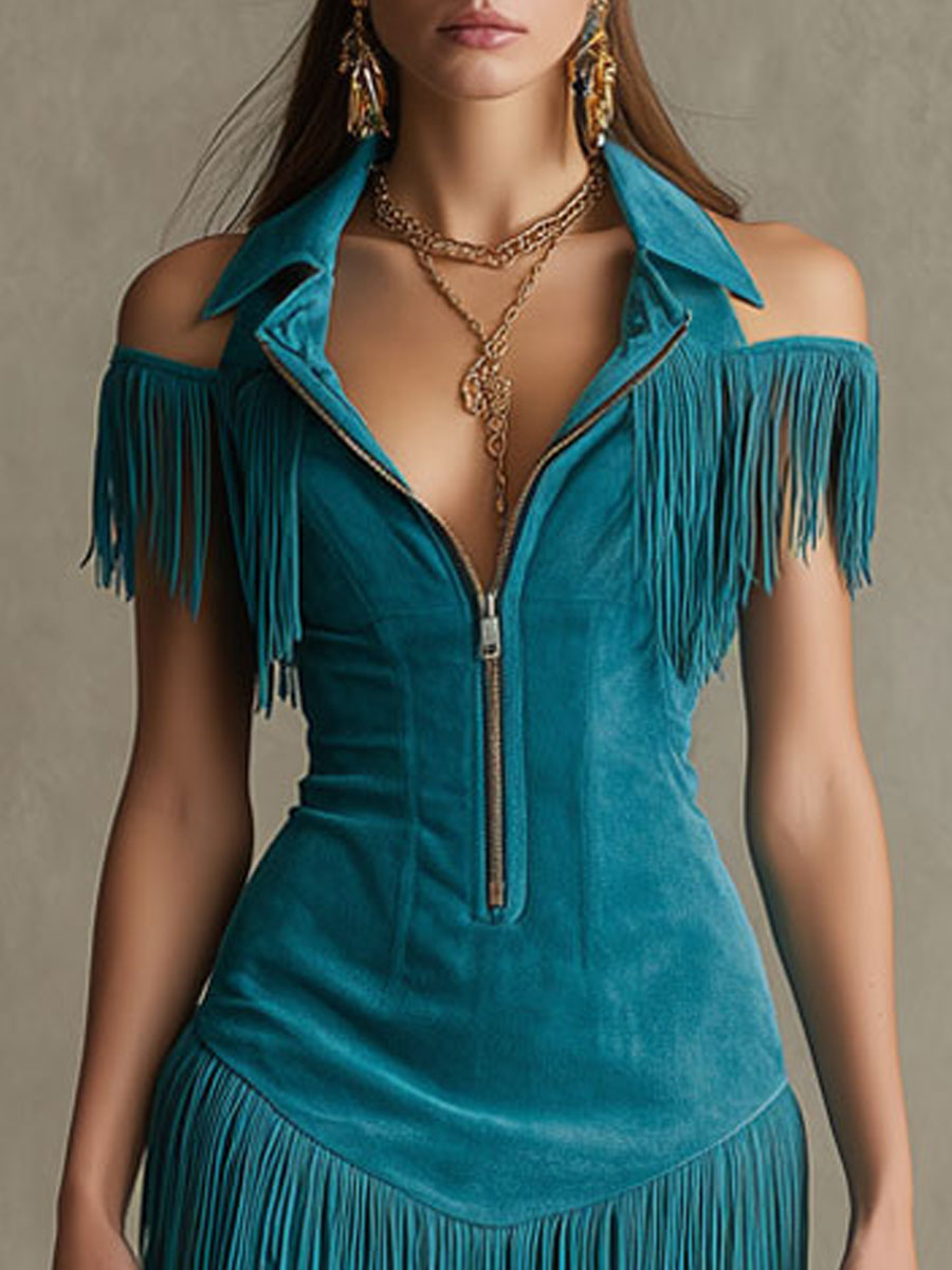Anna-Berg | Peacock Blue Faux Suede Tassel Dress