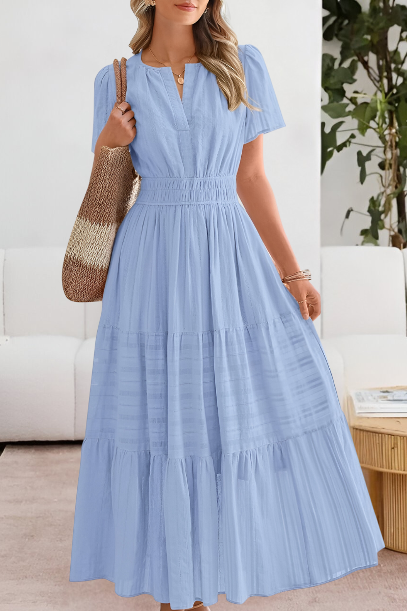 Anna-Berg | Boho Short Sleeve Smocked Midi Dress with Graceful Drape