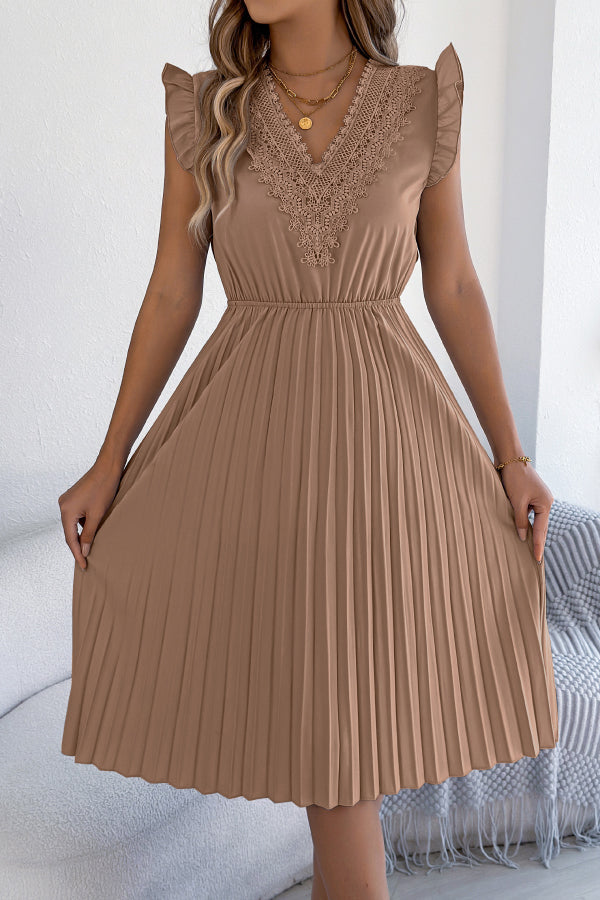 Anna-Berg | Solid Color V-Neck Lace-Trimmed Sleeveless Dress