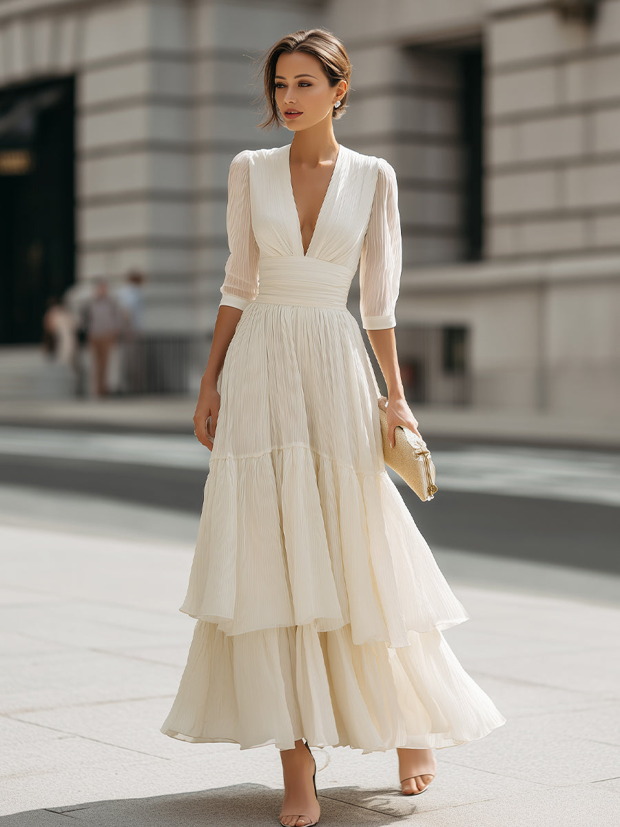 Anna-Berg | V-Neck Pleated Tiered Dress