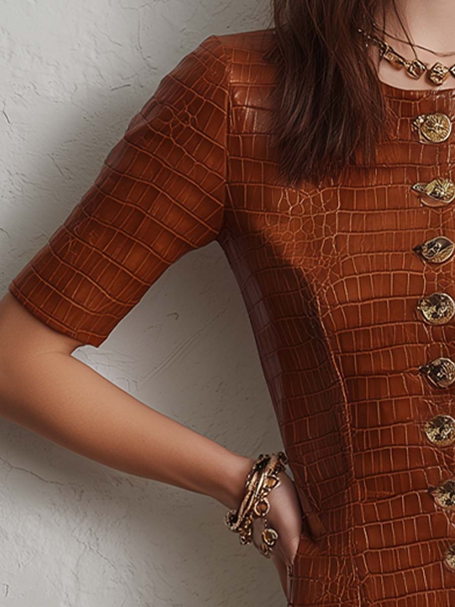 Anna-Berg | Caramel Croc-Embossed Faux Leather Dress