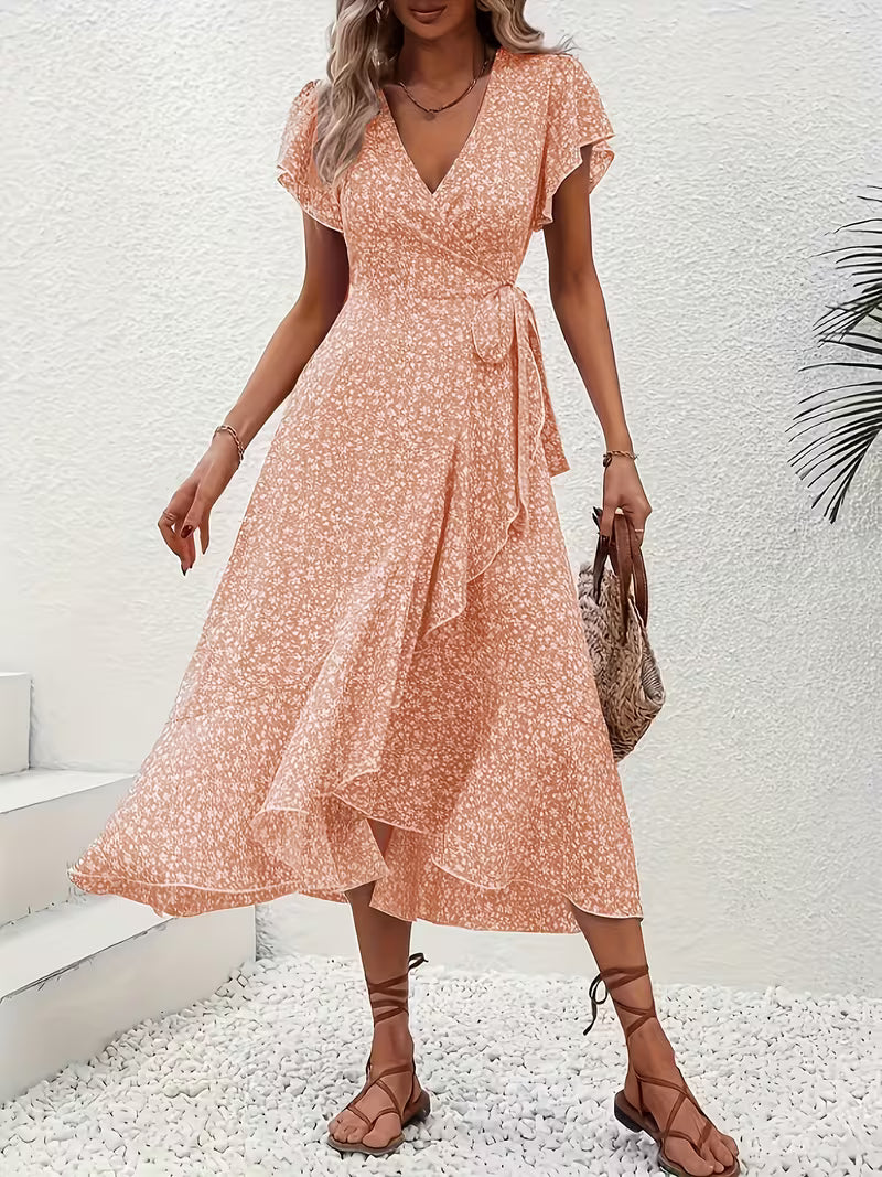 Anna-Berg | Timeless Floral Wrap Midi Dress With Ruffle Sleeves And Asymmetric Hem