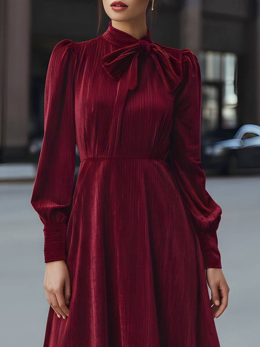 Anna-Berg | Velvet Pleated Bow-Neck Dress