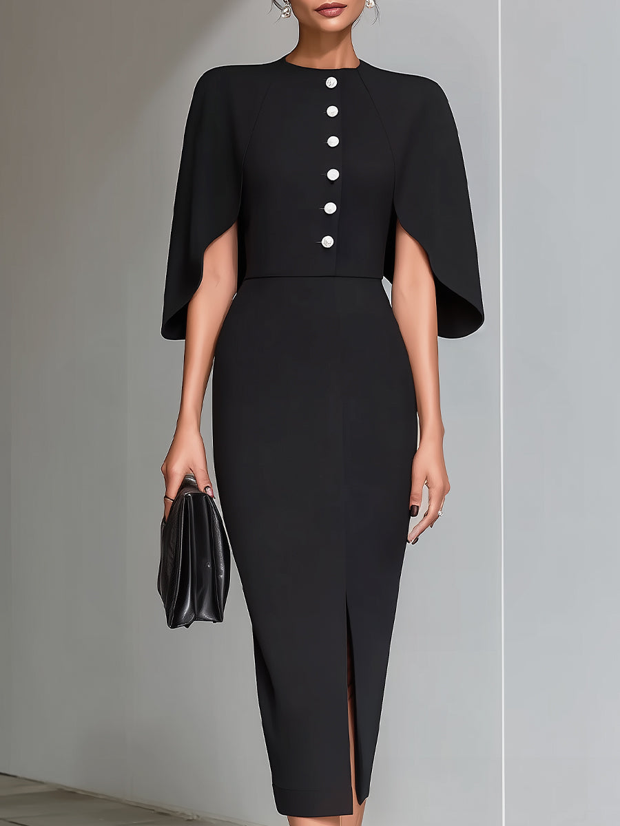 Anna-Berg | Black Cape-Sleeve Sheath Dress