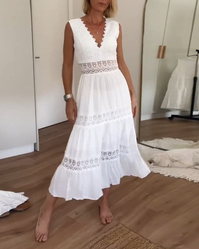 Anna-Berg | Boho Sleeveless V Neck Midi Dress