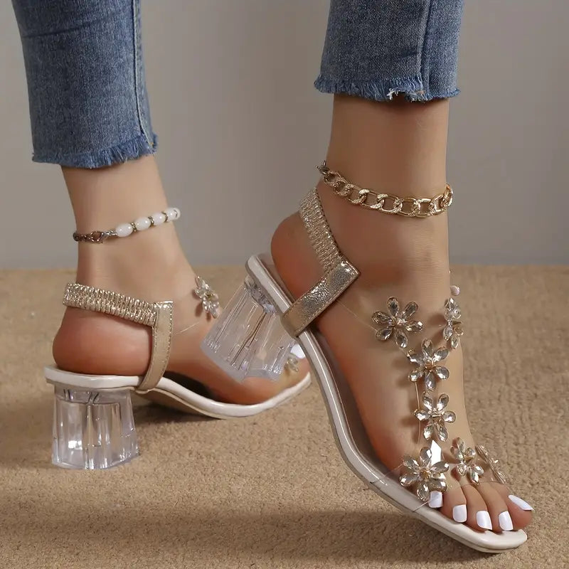 Anna-Berg | Luxe Rhinestone Block Heel Sandals with Graceful Drape