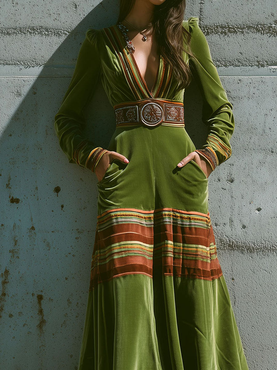 Anna-Berg | Boho Olive Green Velvet Striped Dress