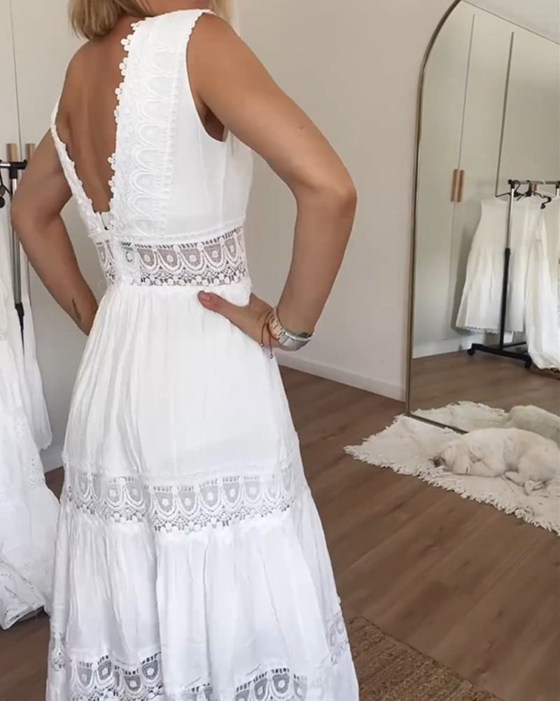 Anna-Berg | Boho Sleeveless V Neck Midi Dress