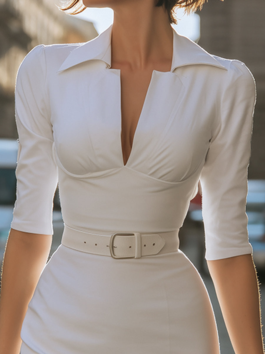 Anna-Berg | Elegant Belted V-Neck Tailored Dress