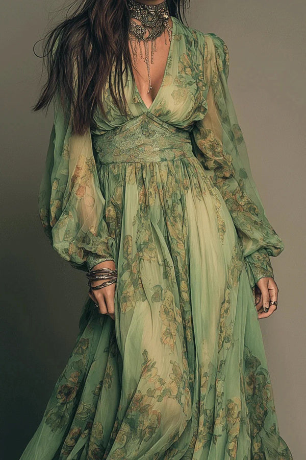 Anna-Berg | Botanical Print V-Neck Long-Sleeved Fitted Dress