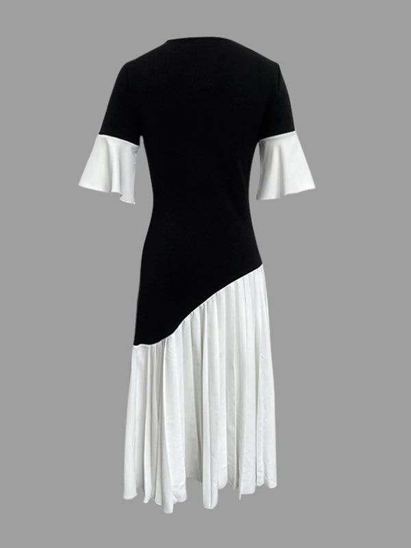 Anna-Berg | Flared Sleeves Half Pleated Split-Joint Dress