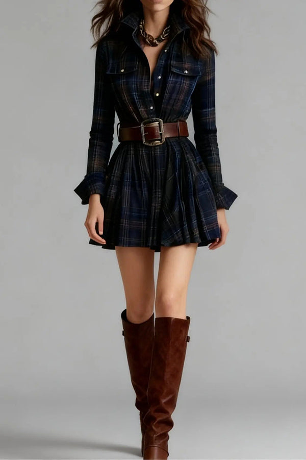 Anna-Berg | Plaid Print Lapel Long Sleeve Dress