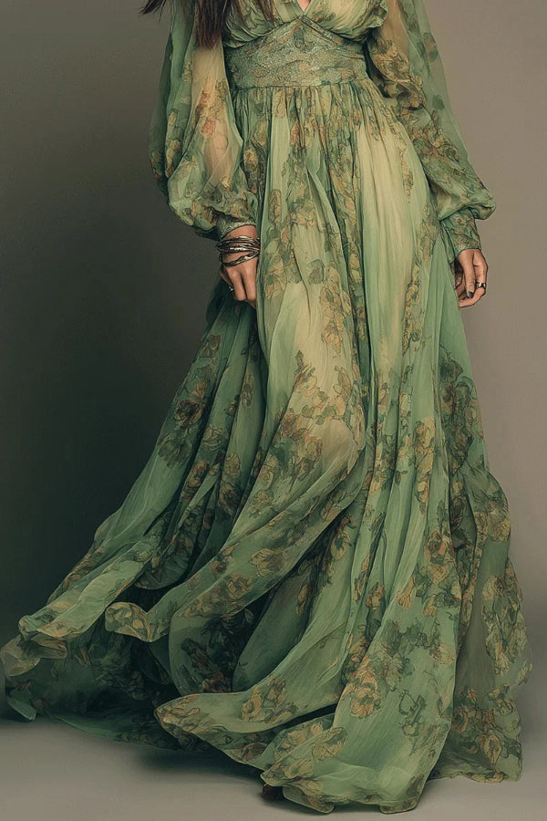 Anna-Berg | Botanical Print V-Neck Long-Sleeved Fitted Dress