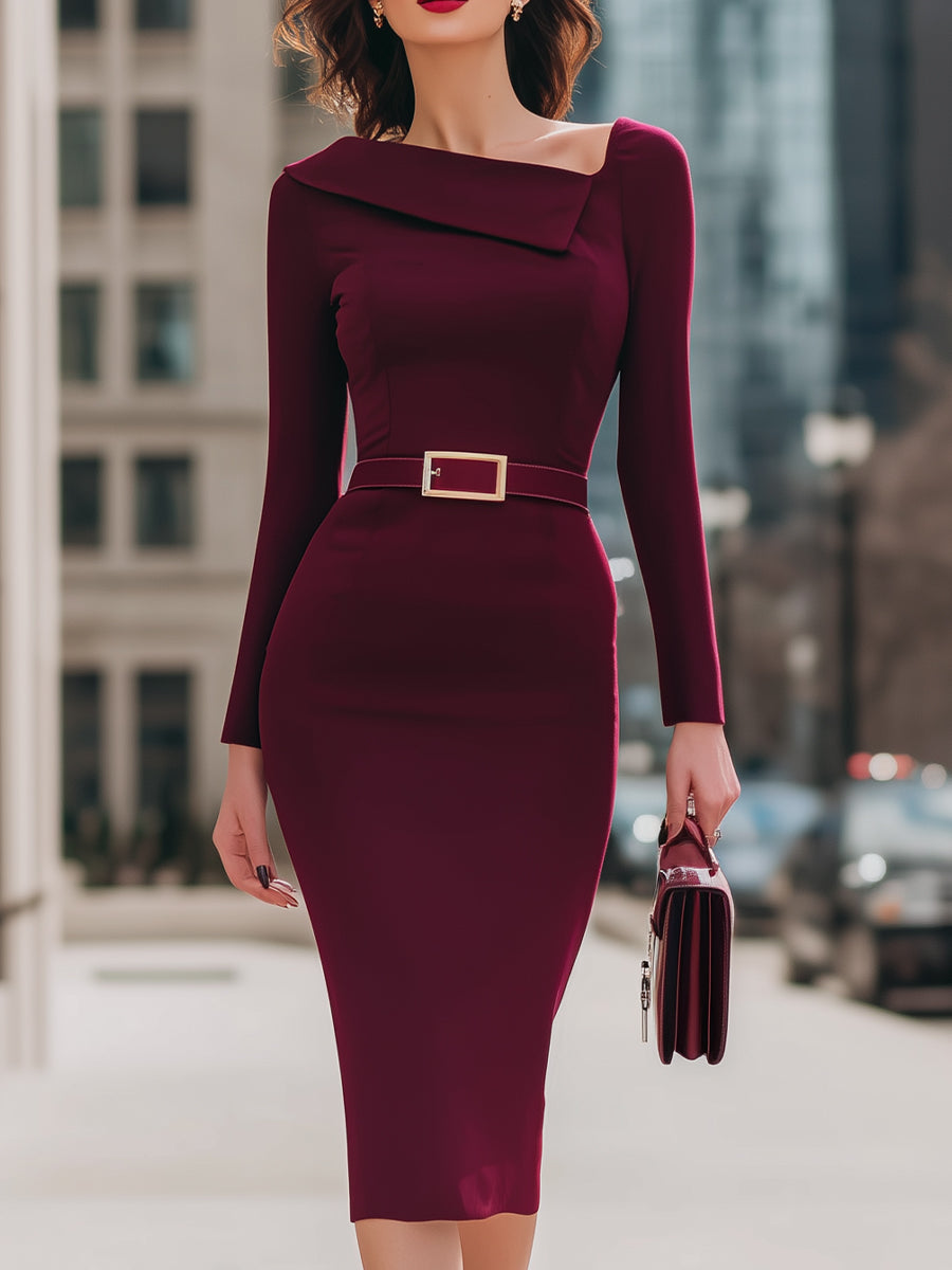 Anna-Berg | Elegant Wine Red Belted Pencil Midi Dress
