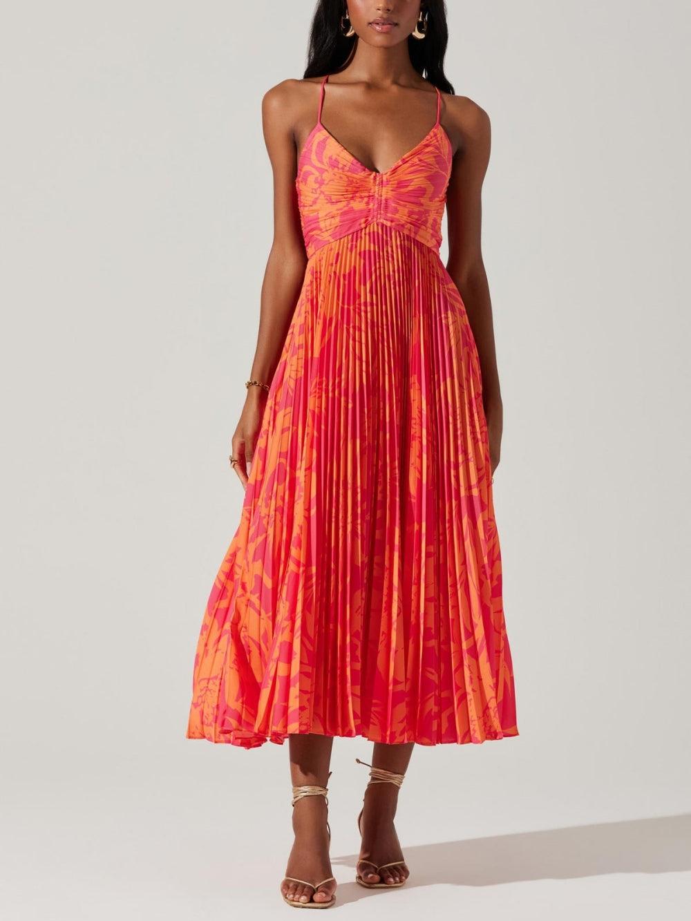 Anna-Berg | Statement Coastal Chic Elegant Floral Print Pleats Midi Dress