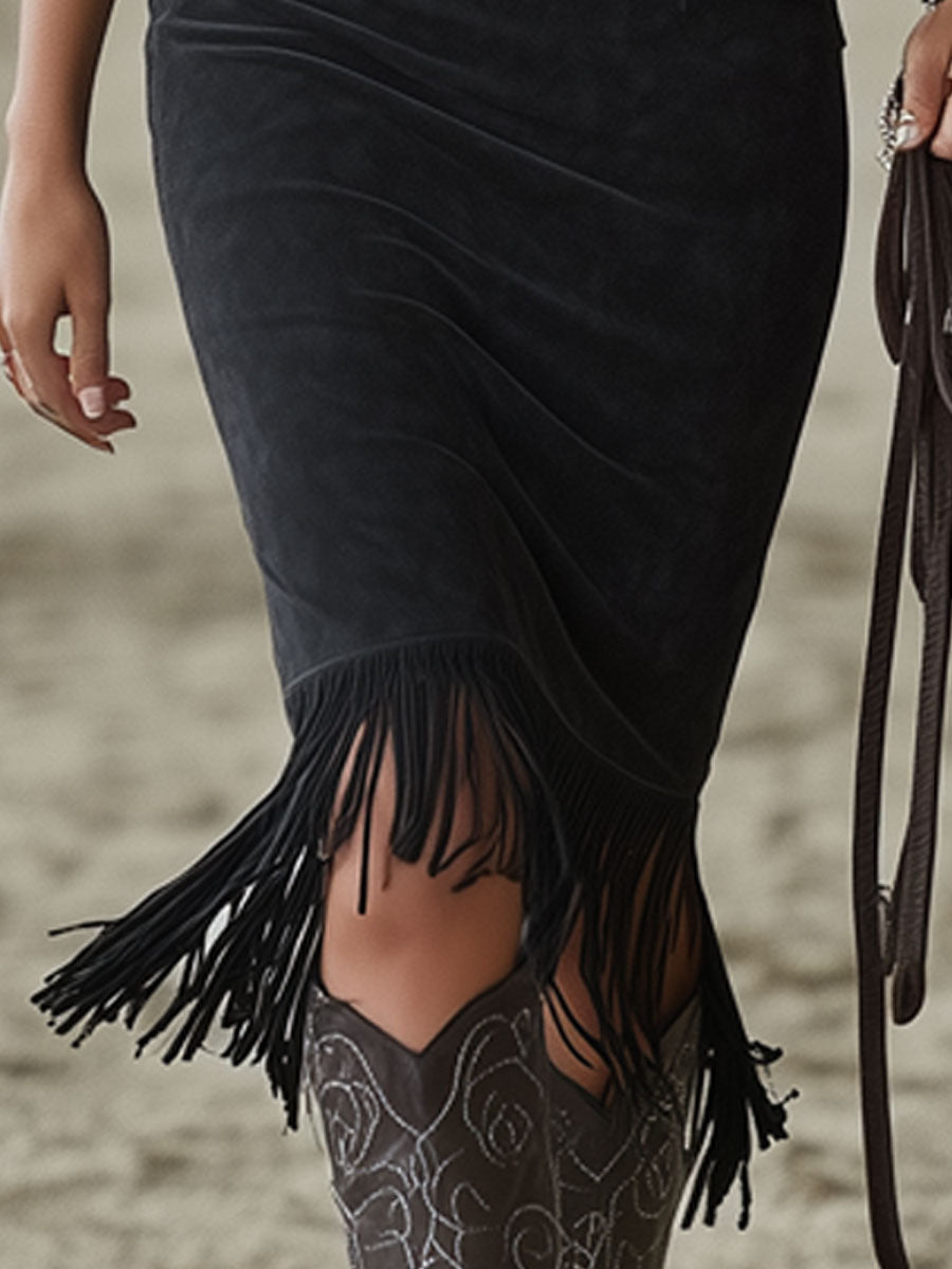 Anna-Berg | Black Faux Suede Floral Casual Dress