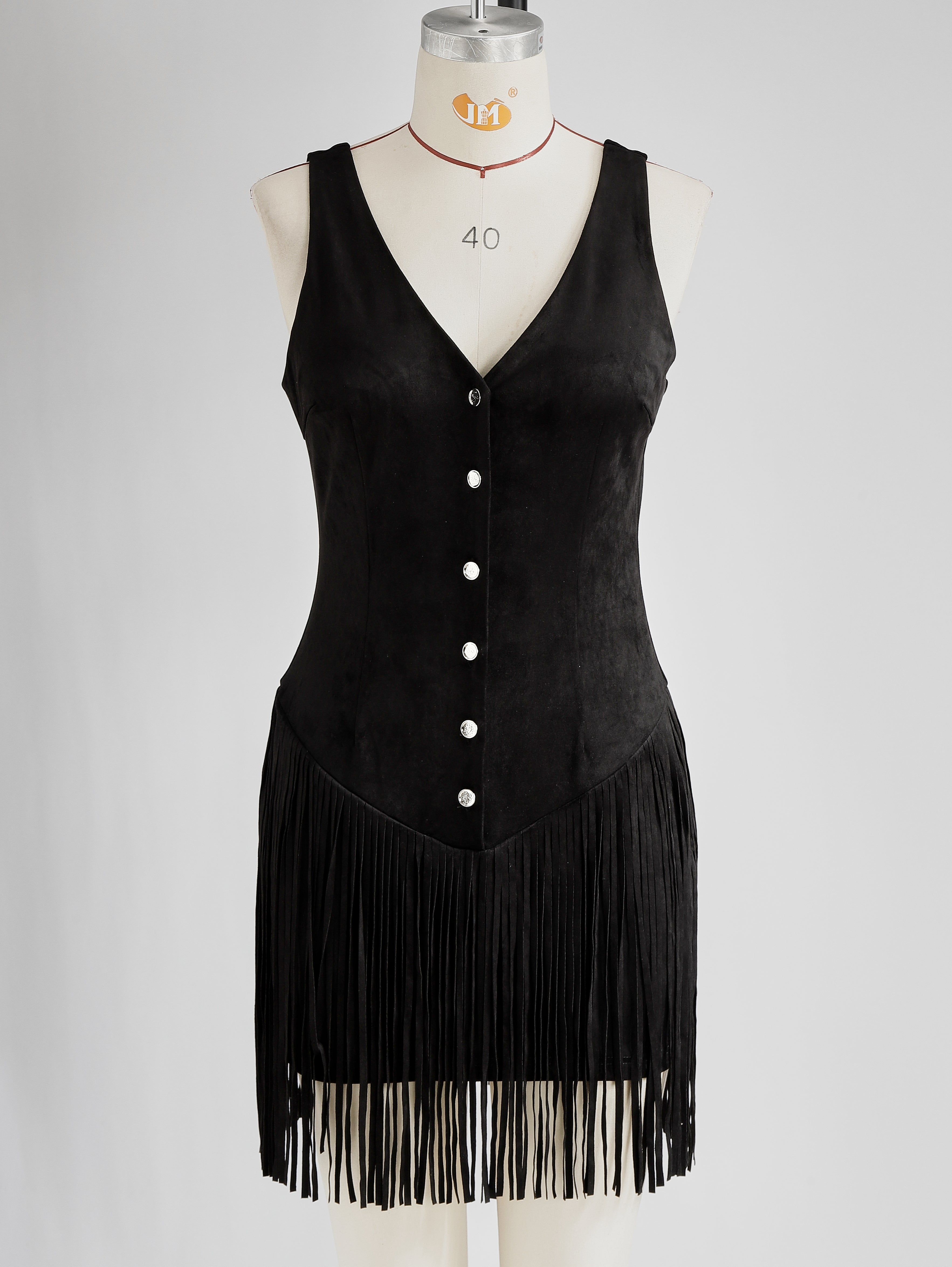 Anna-Berg | Black Faux Suede V-Neck Casual Dress