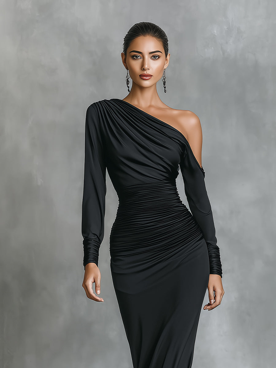 Anna-Berg | Black Satin Ruched Evening Dress