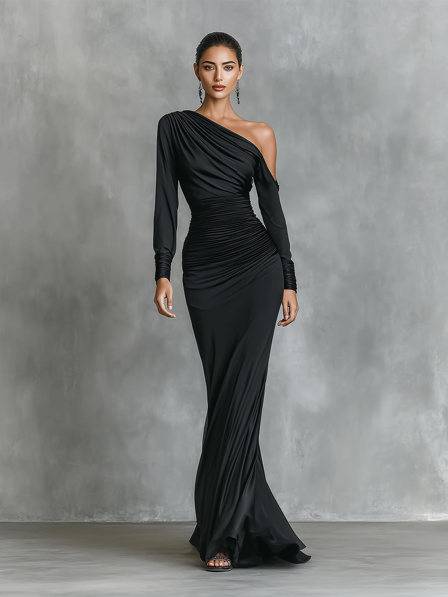 Anna-Berg | Black Satin Ruched Evening Dress