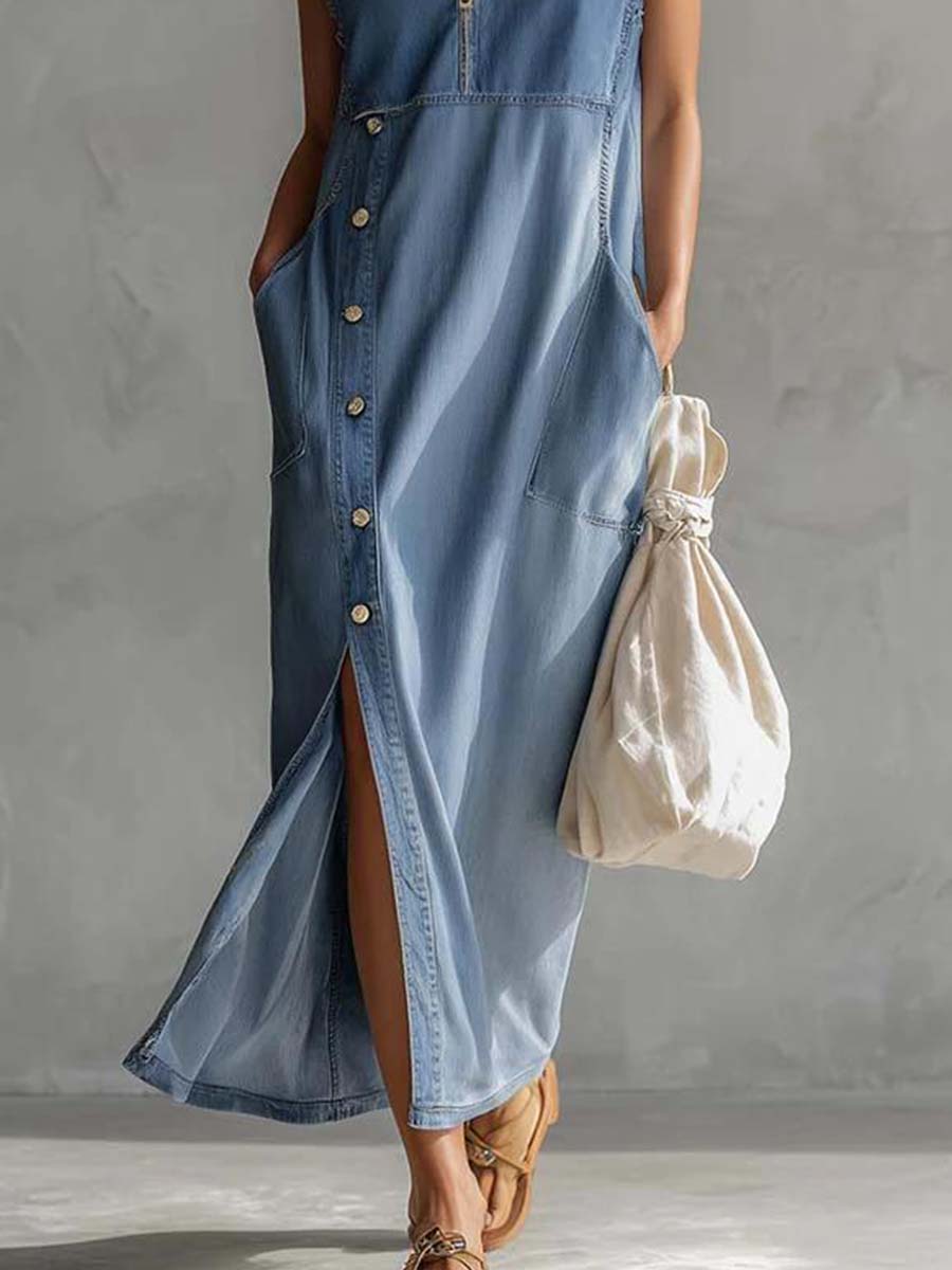 Anna-Berg | Blue Denim V-Neck Casual Dress