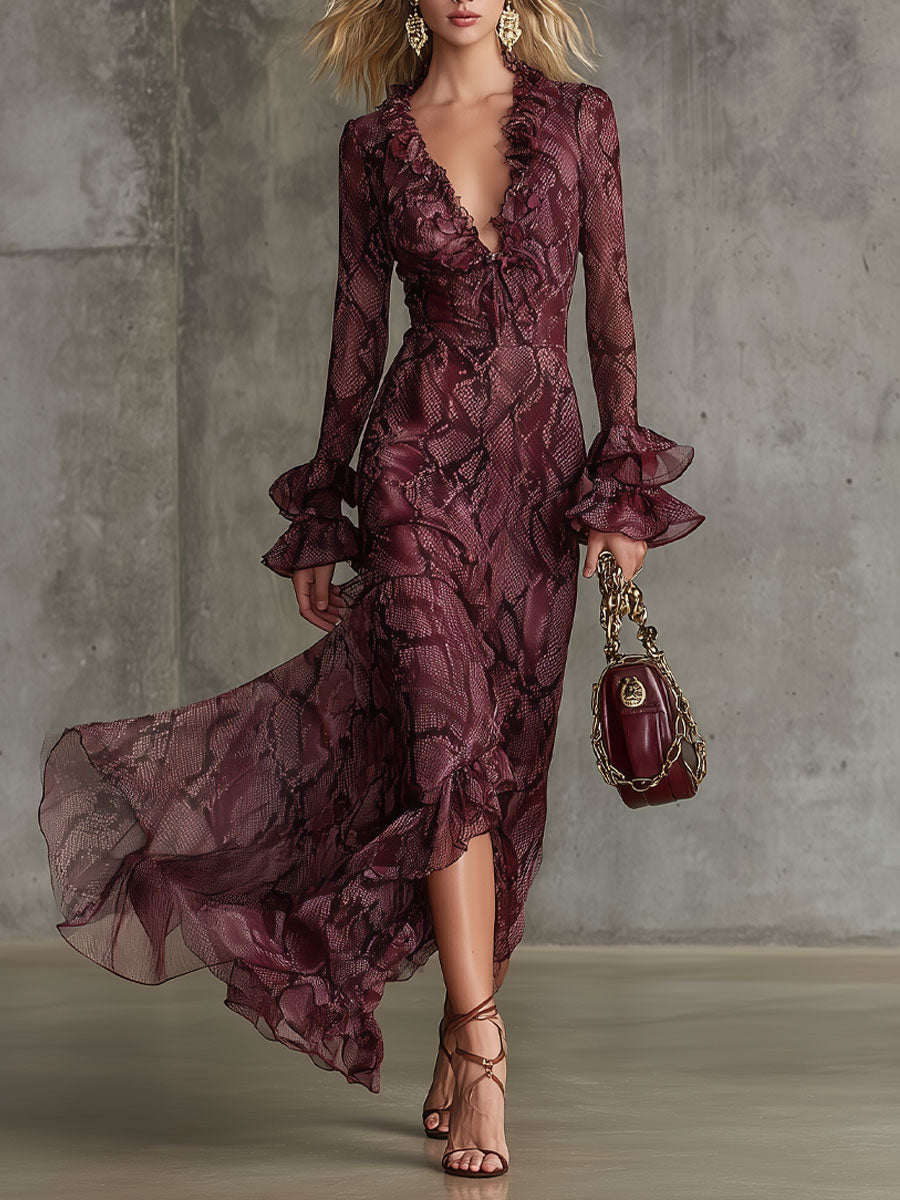 Anna-Berg | Burgundy Chiffon Ruffle Evening Dress