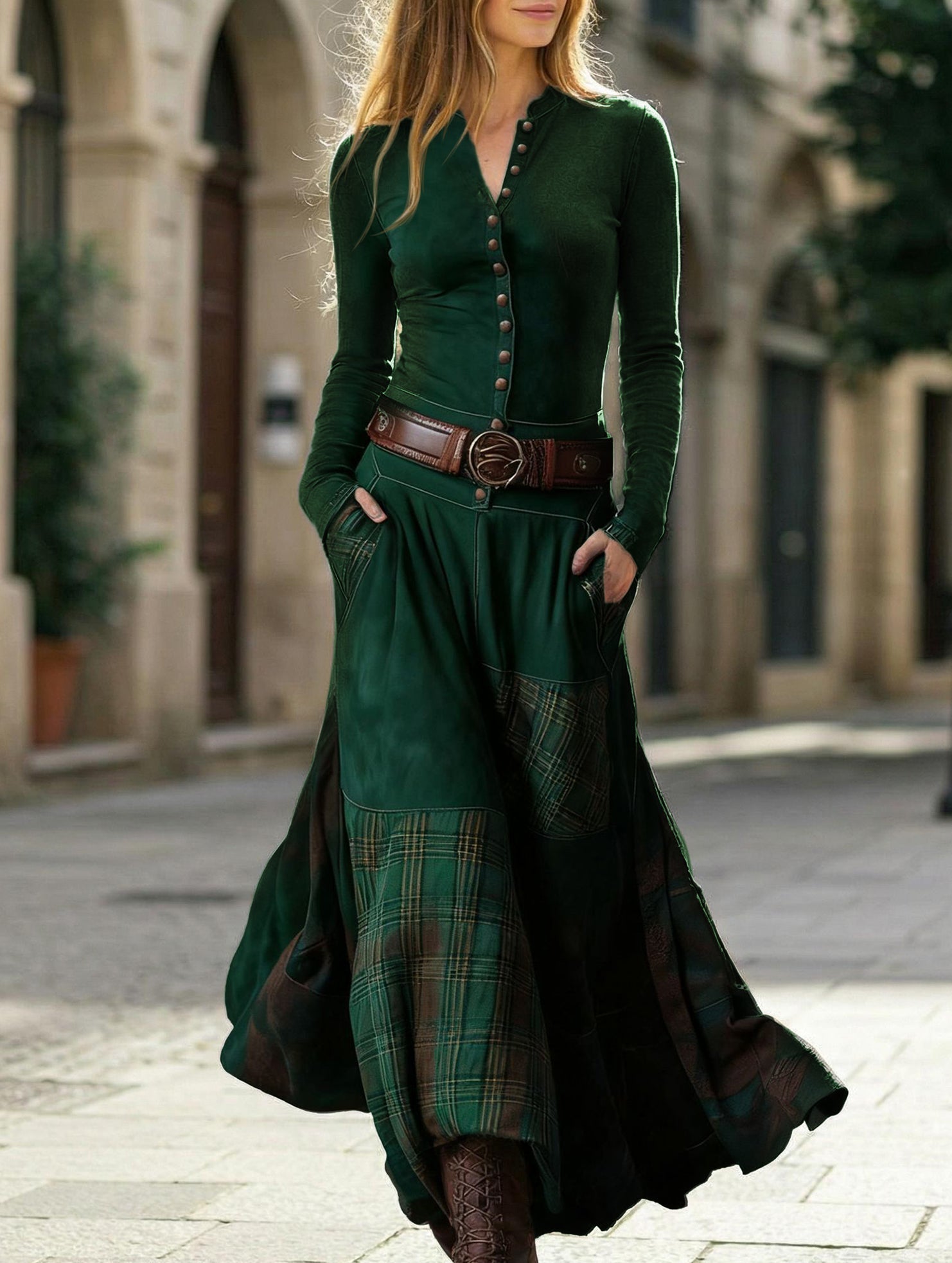 Anna-Berg | Suede Plaid Patchwork Retro-Style Dress