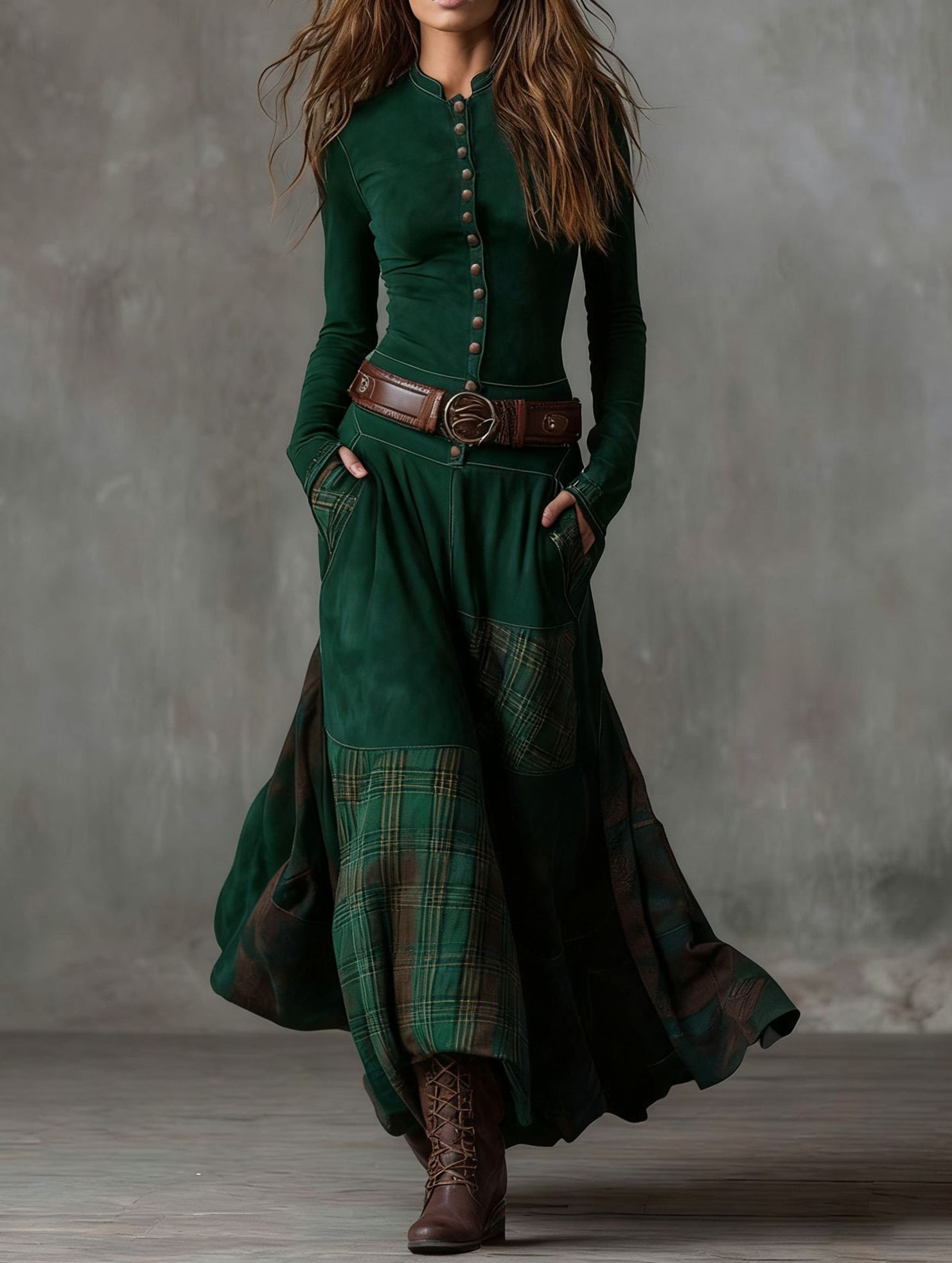 Anna-Berg | Suede Plaid Patchwork Retro-Style Dress