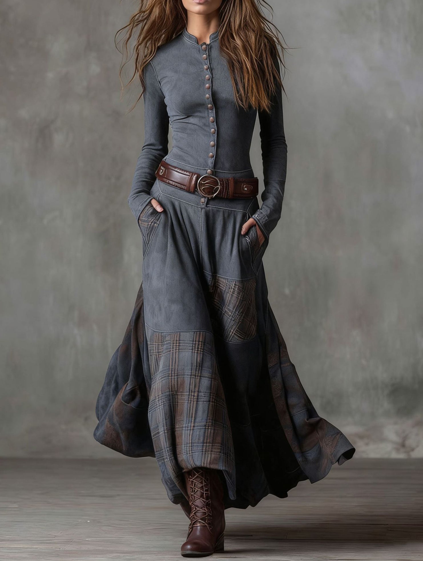 Anna-Berg | Suede Plaid Patchwork Retro-Style Dress