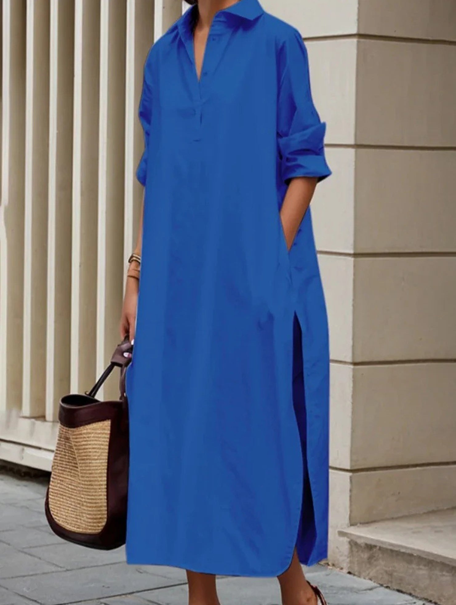 Anna-Berg | Lapel Button Side Slit Casual Dress