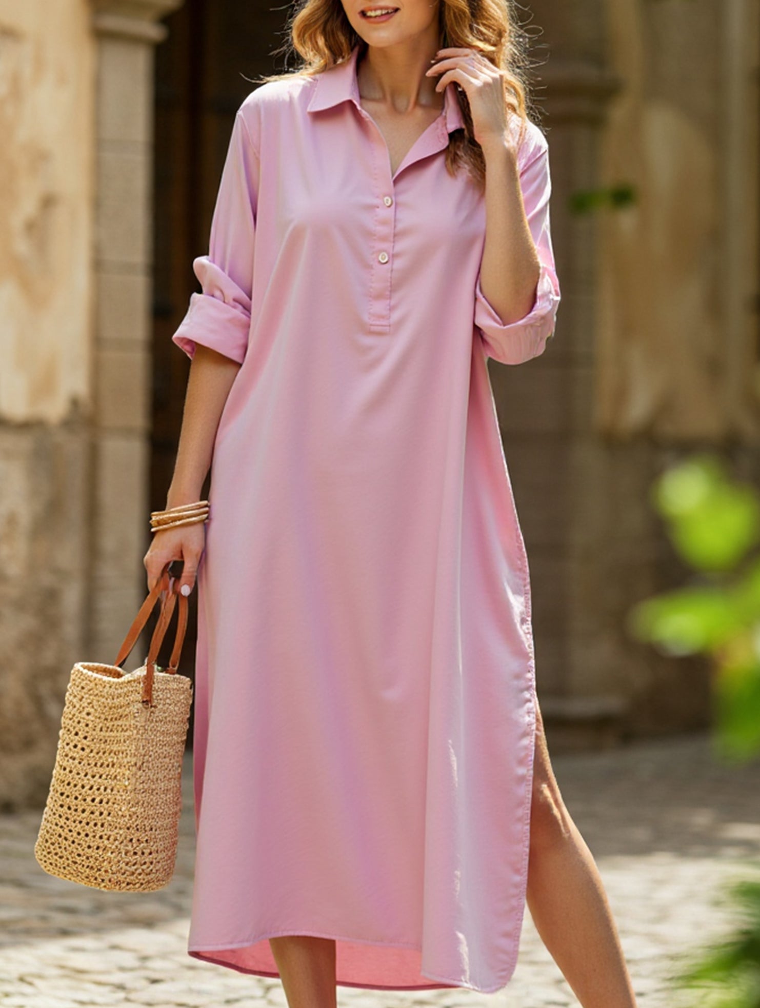 Anna-Berg | Lapel Button Side Slit Casual Dress