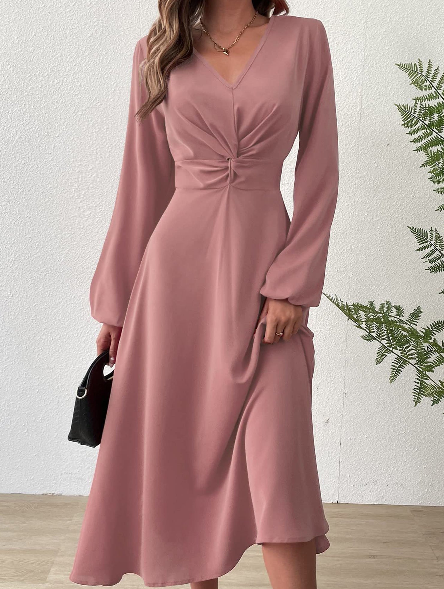 Anna-Berg | Fashionable V-Neck Lantern Long-Sleeved Dress