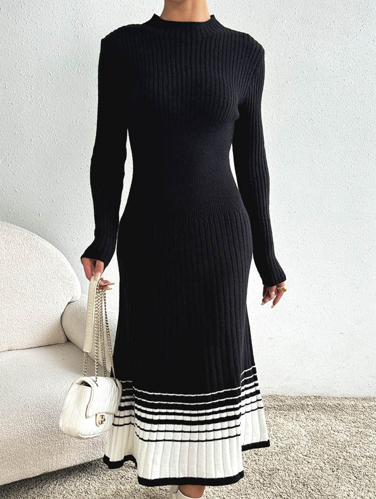 Anna-Berg | Pleated Black And White Striped Dress