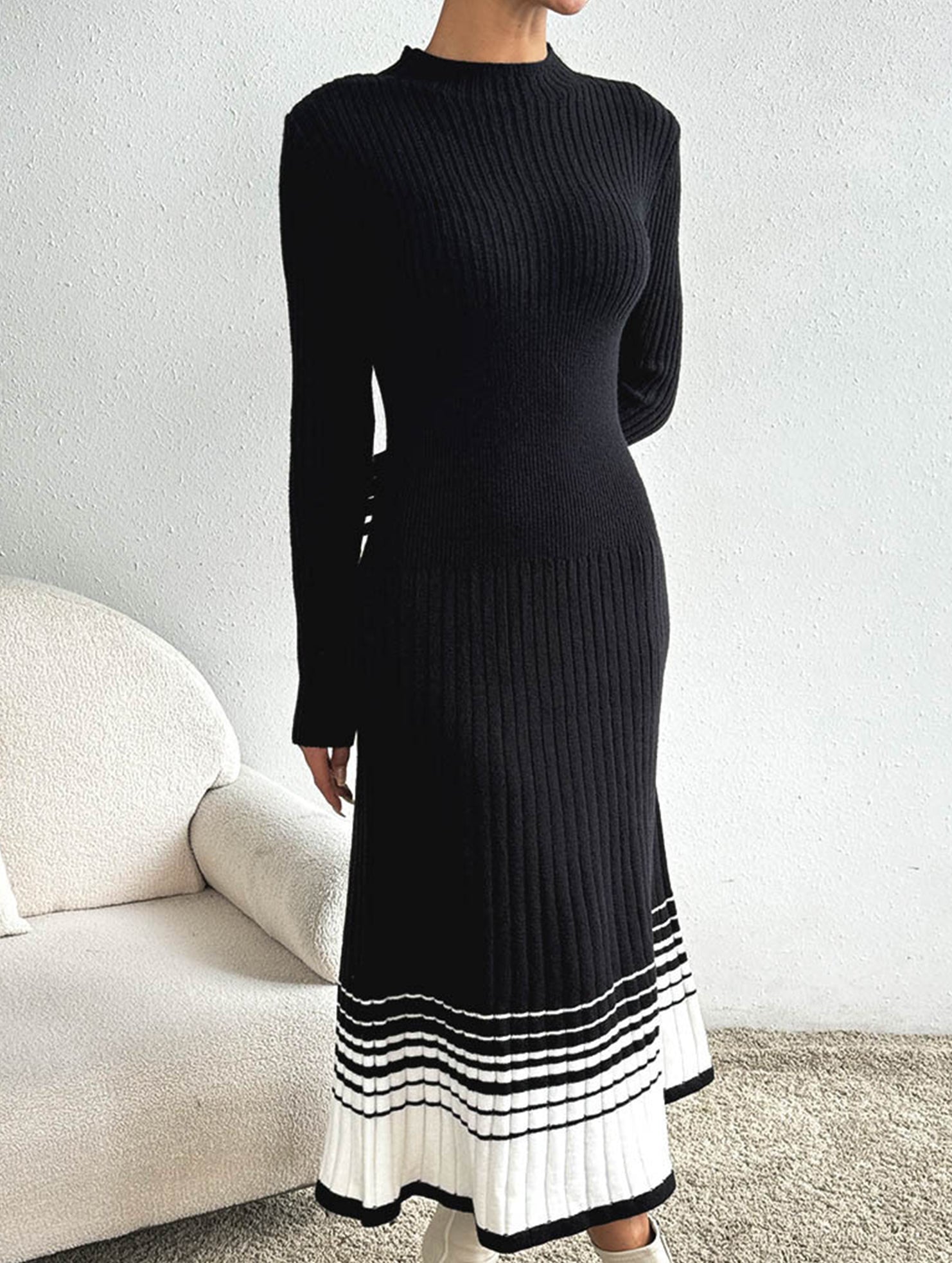 Anna-Berg | Pleated Black And White Striped Dress