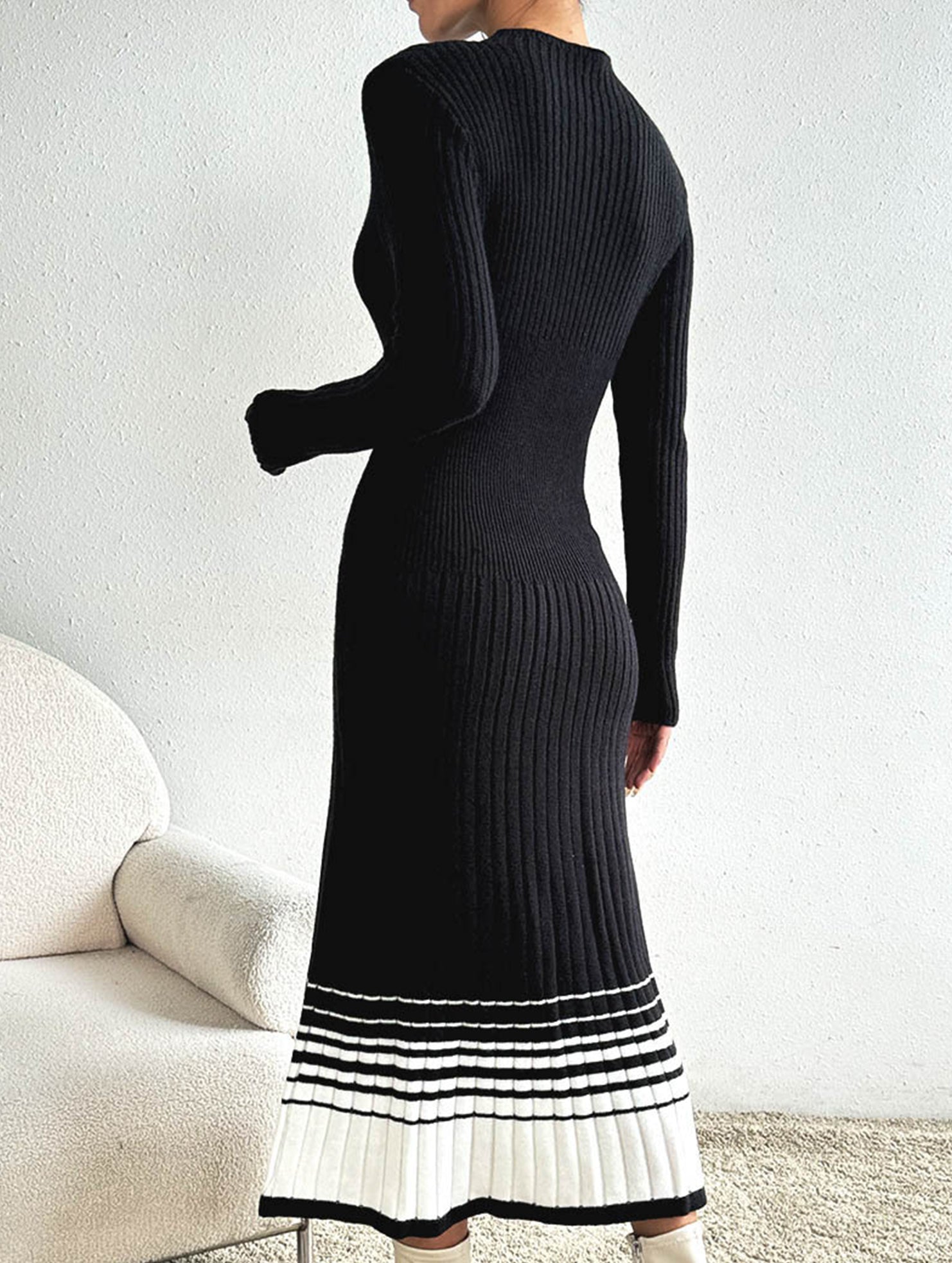 Anna-Berg | Pleated Black And White Striped Dress